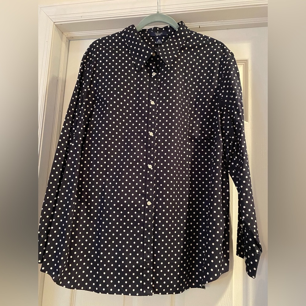 Chaps- NWT Sz 3X Blouse- Navy & White Polka Dot Long Sleeve -Button Down Blouse